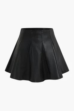 MICAS Skirts-Solid Faux Leather Ruched Skirt BLACK