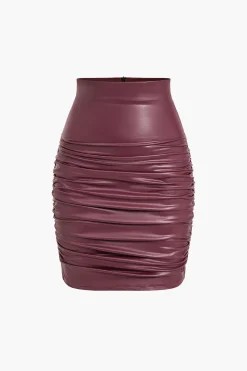 MICAS Skirts-Solid Faux Leather Ruched Skirt