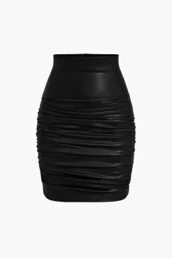 MICAS Skirts-Solid Faux Leather Ruched Skirt