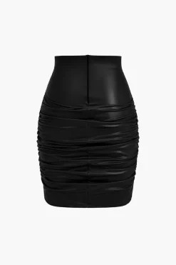 MICAS Skirts-Solid Faux Leather Ruched Skirt