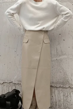 MICAS Skirts-Solid Faux Leather Slit Button Fake Pockets Skirt KHAKI