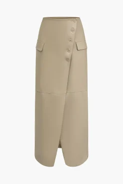 MICAS Skirts-Solid Faux Leather Slit Button Fake Pockets Skirt KHAKI