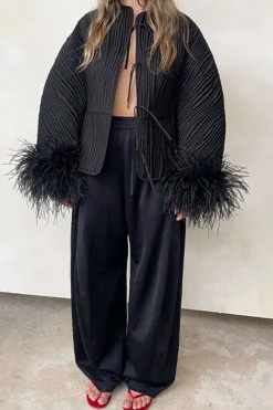 MICAS Outerwear|Outerwear-Solid Faux Leather Tie-Up Puffer BLACK