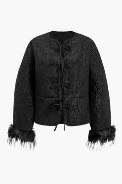 MICAS Outerwear|Outerwear-Solid Faux Leather Tie-Up Puffer BLACK