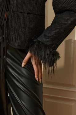 MICAS Outerwear|Outerwear-Solid Faux Leather Tie-Up Puffer BLACK