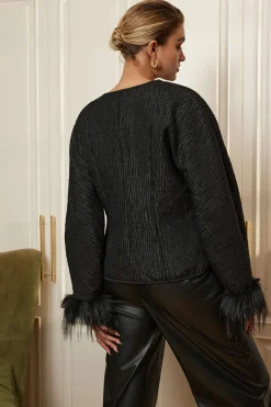 MICAS Outerwear|Outerwear-Solid Faux Leather Tie-Up Puffer BLACK