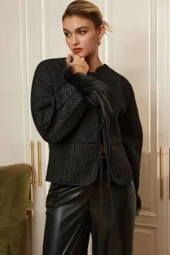 MICAS Outerwear|Outerwear-Solid Faux Leather Tie-Up Puffer BLACK