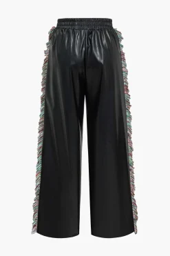 MICAS Pants-Solid Faux Leather Trousers With Fringe BLACK