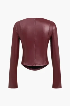 MICAS Long Sleeve Tops|Long Sleeves Tops-Solid Faux Leather Zipper Detail Long-Sleeve Shirt BURGUNDY