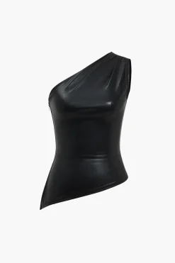 MICAS Tank Tops & Cami-Solid Faux Leather Zipper Asymmetrical Tank Top