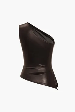 MICAS Tank Tops & Cami-Solid Faux Leather Zipper Asymmetrical Tank Top