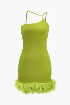 MICAS Mini Dresses-Solid Feather Detail Backless Mini Dress LIME