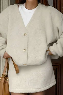 MICAS Skirt Sets-Solid Fleece Button Skirt Set BEIGE