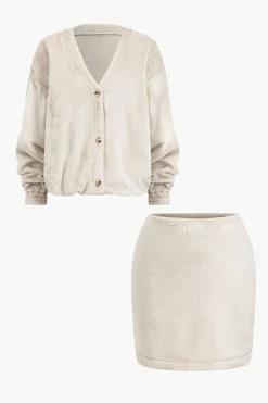 MICAS Skirt Sets-Solid Fleece Button Skirt Set BEIGE