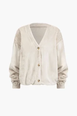 MICAS Skirt Sets-Solid Fleece Button Skirt Set BEIGE