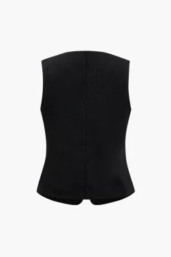 MICAS Outerwear|Outerwear-Solid Floral Button Vest BLACK
