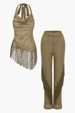 MICAS Pant Sets-Solid Fringe Backless Asymmetrical Trouser Set