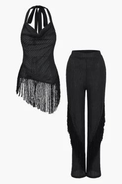 MICAS Pant Sets-Solid Fringe Backless Asymmetrical Trouser Set