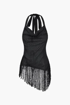 MICAS Pant Sets-Solid Fringe Backless Asymmetrical Trouser Set