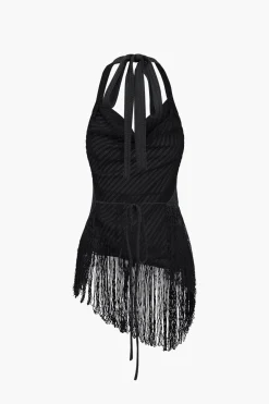 MICAS Pant Sets-Solid Fringe Backless Asymmetrical Trouser Set