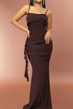 MICAS Maxi Dresses-Solid Fringe Backless Slip Slit Maxi Dress COFFEE