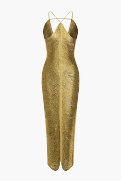 MICAS Midi Dresses-Solid Fringe Cut Out Slit Midi Dress