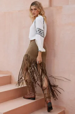 MICAS Skirts-Solid Fringe Skirt TAN
