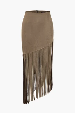 MICAS Skirts-Solid Fringe Skirt TAN