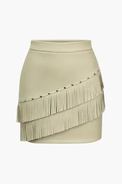 MICAS Skirts-Solid Fringe Studded Skirt IVORY