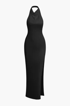 MICAS Maxi Dresses-Solid Halter Backless Slit Sleeveless Maxi Dress