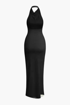 MICAS Maxi Dresses-Solid Halter Backless Slit Sleeveless Maxi Dress