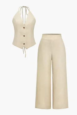 MICAS Pant Sets-Solid Halter Backless Vest And Wide Leg Pants Set IVORY