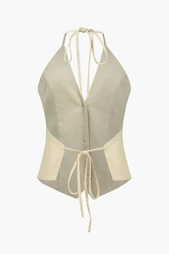 MICAS Pant Sets-Solid Halter Backless Vest And Wide Leg Pants Set IVORY