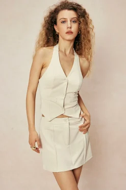 MICAS Skirt Sets-Solid Halter Backless Vest And Mini Skirt Set BEIGE