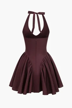 MICAS Mini Dresses-Solid Halter V-neck Ruched Mini Dress BLACK