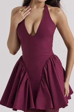 MICAS Mini Dresses-Solid Halter V-neck Ruched Mini Dress BLACK