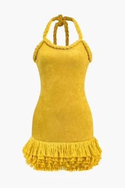 MICAS Knitwear|Knit Dresses-Solid Hand-Woven Fringe Mini Dress ORANGE YELLOW
