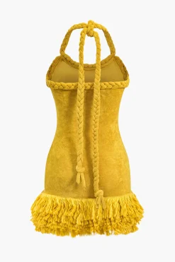 MICAS Knitwear|Knit Dresses-Solid Hand-Woven Fringe Mini Dress ORANGE YELLOW