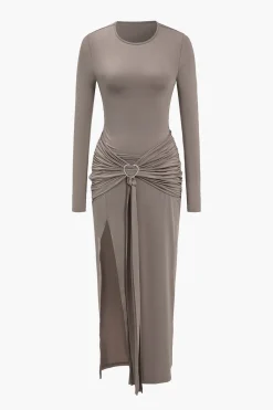 MICAS Long Sleeve Dresses|Midi Dresses-Solid Heart-Shaped Irregular Slit Long Sleeve Midi Dress BROWN