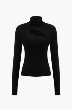 MICAS Long Sleeve Tops|Long Sleeves Tops-Solid Hollow Out Long-Sleeve Top BLACK