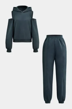 MICAS Pant Sets-Solid Hooded Cut Out Sweatshirt And Elastic Pants Set