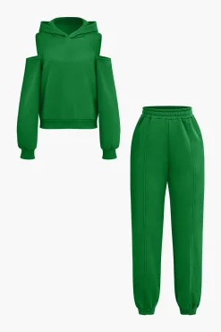 MICAS Pant Sets-Solid Hooded Cut Out Sweatshirt And Elastic Pants Set