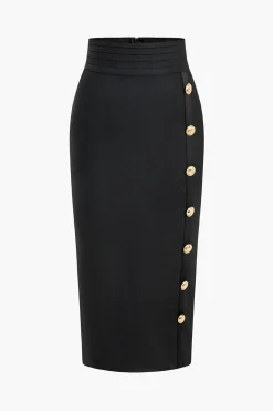 MICAS Knitwear|Knit Bottoms-Solid Knit Asymmetrical Button Skirt BLACK