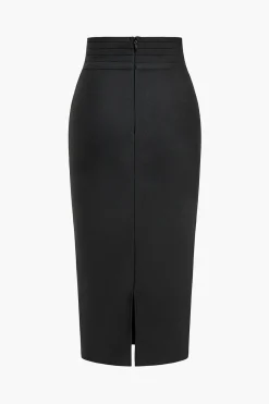 MICAS Knitwear|Knit Bottoms-Solid Knit Asymmetrical Button Skirt BLACK