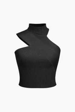 MICAS Knitwear|Knit Tops-Solid Knit Asymmetrical Mock Neck Tank Top