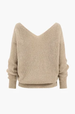 MICAS Knitwear|Knit Tops-Solid Knit Backless V-Neck Twist Knot Long-Sleeve Top