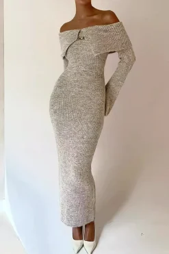 MICAS Long Sleeve Dresses|Knitwear-Solid Knit Bell Sleeves Off Shoulder Maxi Dress WHEAT