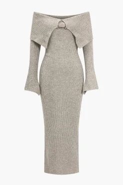 MICAS Long Sleeve Dresses|Knitwear-Solid Knit Bell Sleeves Off Shoulder Maxi Dress WHEAT