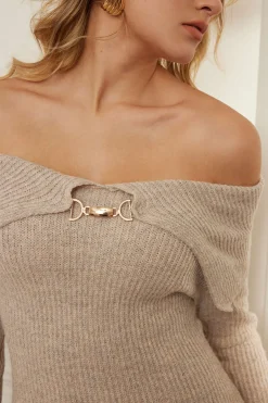 MICAS Long Sleeve Dresses|Knitwear-Solid Knit Bell Sleeves Off Shoulder Maxi Dress WHEAT