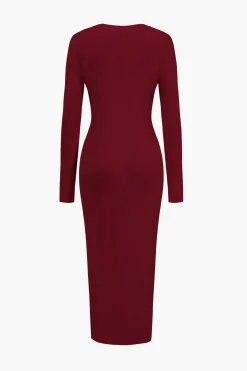 MICAS Long Sleeve Dresses|Knitwear-Solid Knit Button Dress BURGUNDY
